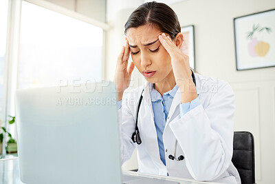 Buy stock photo Doctor, woman and laptop with headache from stress in office with burnout, overworked or mental health at desk. Medical, professional or frustrated with migraine, anxiety or ache from clinic overtime