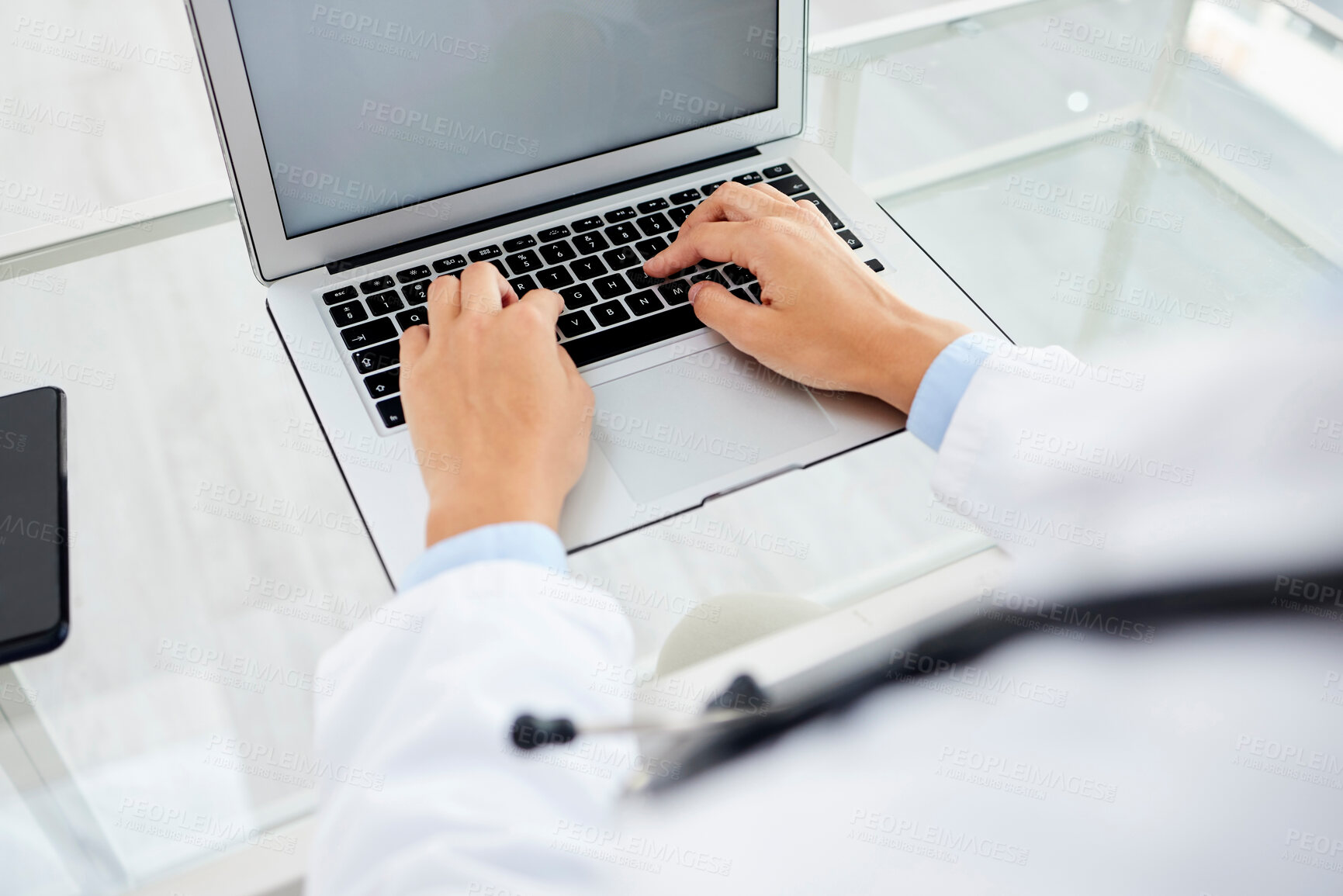 Buy stock photo Hospital, laptop and hands of doctor for online consulting, medical service and research in clinic. Healthcare, telehealth and person typing on computer for website, patient results and insurance