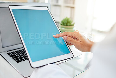 Buy stock photo Green screen, tablet and hand of doctor in clinic with laptop for telehealth consultation. Mockup space, medicine info and digital tech  for medical data research for online healthcare in hospital.