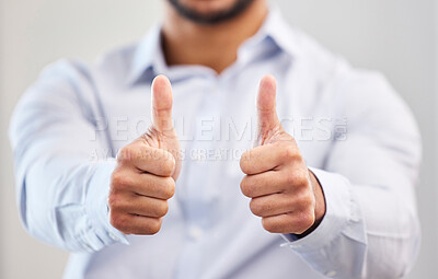 Buy stock photo Business, man and hands in office with thumbs up for agreement, thank you or professional achievement. Entrepreneur, employee and yes gesture for greeting, success and good news for promotion or sign