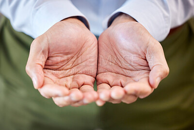 Buy stock photo Support, offer and person with open hands at work for business aid, assistance and kindness. Office, and palms of company employee with gesture at NGO for charity, fundraising and hope in donation