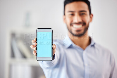 Buy stock photo Businessman, hand and phone with mockup on chromakey for social media advertising space and company webpage. Employee, man and empty display of mobile for contact us information and happy in office