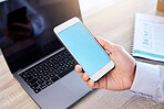 Closeup businessman browsing the internet on a cellphone in an office. Mixed race professional standing alone and scrolling through schedule and social network. Connecting with clients on technology