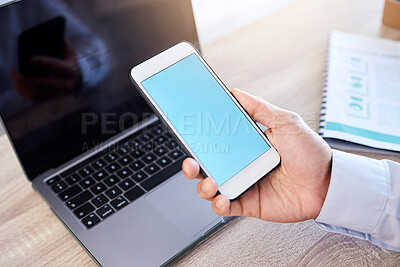 Buy stock photo Businessman, hand or phone with mockup at desk for social media advertising space, research or company webpage. Professional, empty display and mobile for project info, laptop or chroma key in office