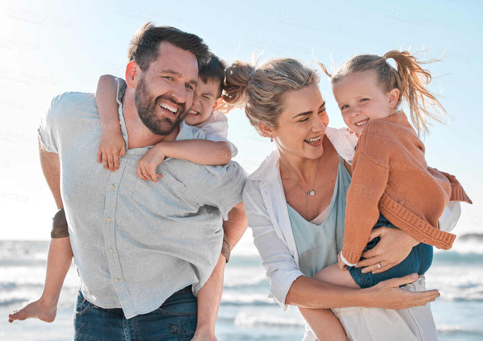 Buy stock photo Smile, parents and kids in portrait on beach for holiday adventure together on tropical island for fun. Mother, father and children on ocean vacation for happy travel, family and bonding in Australia
