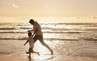 Buy stock photo Running, dad and kid on beach at sunset for holiday adventure together on tropical island with waves. Nature, father and boy child on ocean vacation with travel, fun and evening bonding in Australia