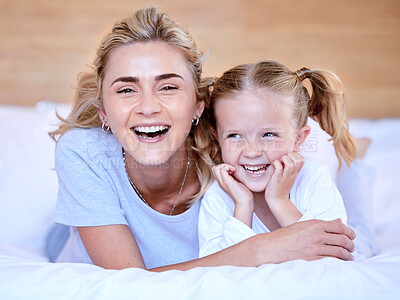 Buy stock photo Portrait, mom and girl in bed for smile, rest and bonding in bedroom of family home. Happy, parent and mother person with relax and young child for unity, support and love or cozy together on weekend