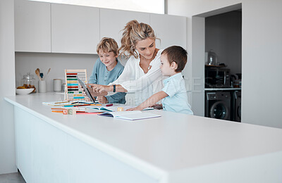 Buy stock photo Distance learning, education and tablet with family in kitchen of home together for child development. Growth, homework or study with mother and boy children in apartment for remote schooling