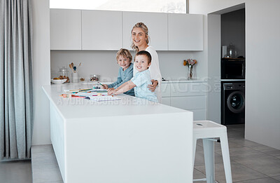 Buy stock photo Distance learning, portrait and study with family in kitchen of home together for child development. Education, growth or homework with mother and boy children in apartment for remote schooling