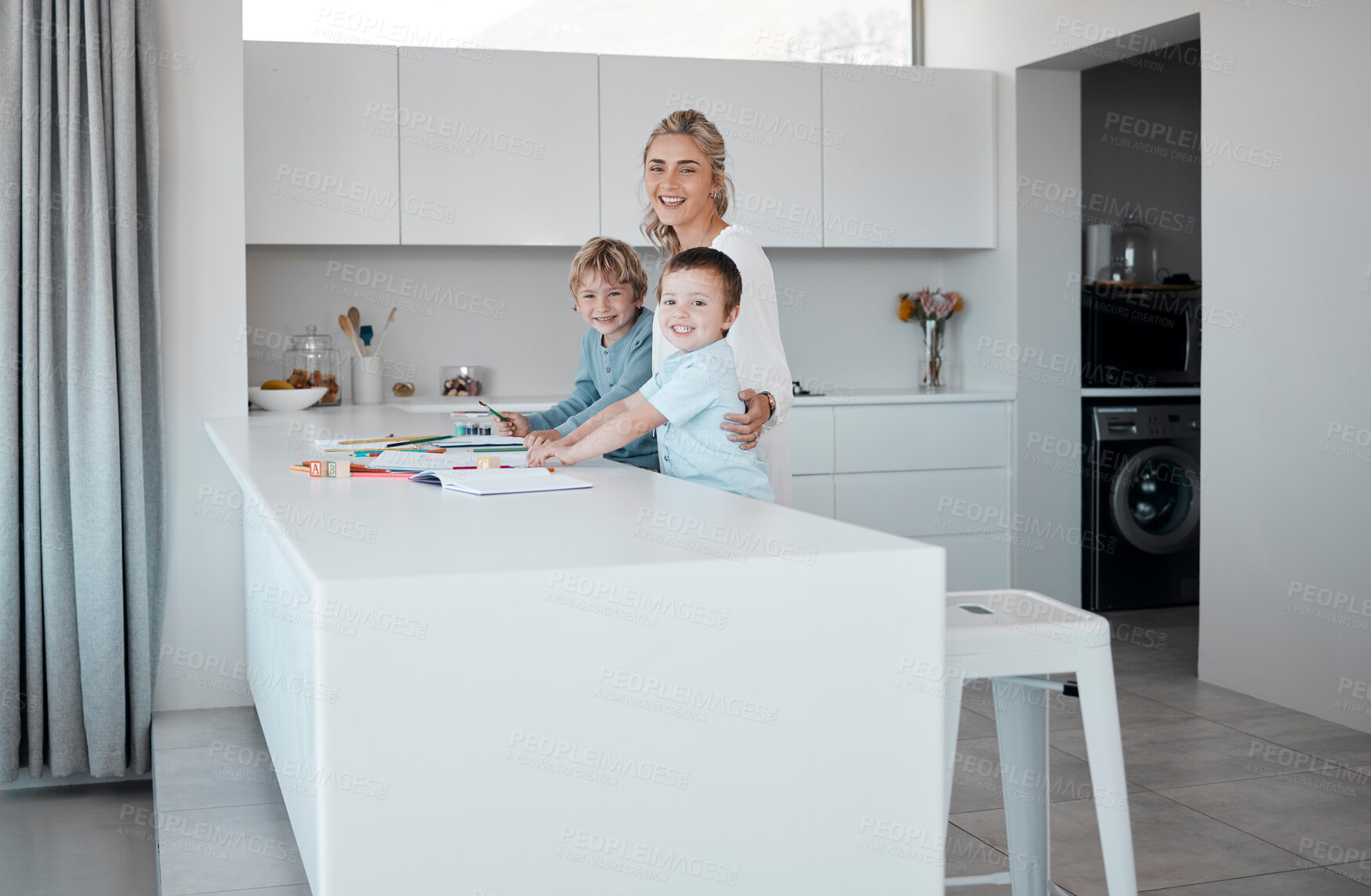 Buy stock photo Distance learning, portrait and study with family in kitchen of home together for child development. Education, growth or homework with mother and boy children in apartment for remote schooling