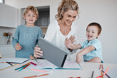 Buy stock photo Mom, children and tablet for video call at house with virtual classroom, communication and learning website. Happy, woman and kids with digital hello for online education, creative lesson and course