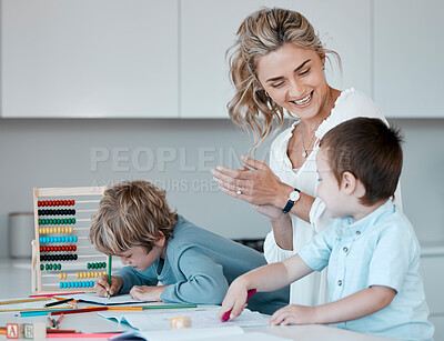 Buy stock photo Clapping, distance learning and education with family in kitchen of home together for child development. Applause, homework or study with mother and boy children in apartment for remote schooling