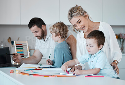 Buy stock photo Books, distance learning and education with family in kitchen of home together for child development. Growth, homework or study with mother, father and boy children in apartment for remote schooling