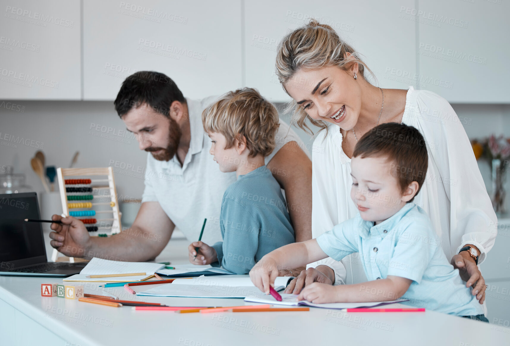 Buy stock photo Books, distance learning and education with family in kitchen of home together for child development. Growth, homework or study with mother, father and boy children in apartment for remote schooling