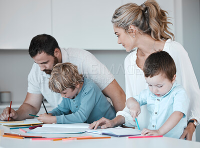 Buy stock photo Distance learning, education and homework with family in kitchen of home together for child development. Growth, study or writing with mom, dad and boy children in apartment for remote schooling