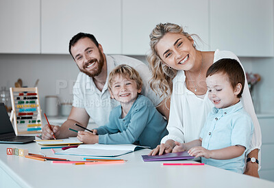 Buy stock photo Distance learning, education and portrait with family in kitchen of home together for child development. Growth, homework or study with parents and boy children in apartment for remote schooling