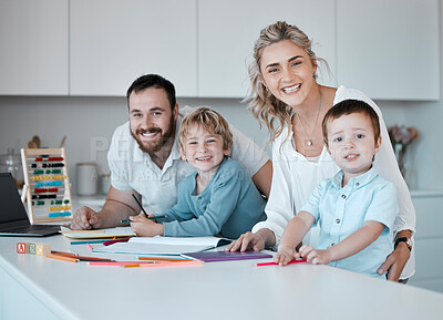 Buy stock photo Distance learning, portrait and study with family in kitchen of home together for child development. Education, growth or homework with mom, dad and boy children in apartment for remote schooling