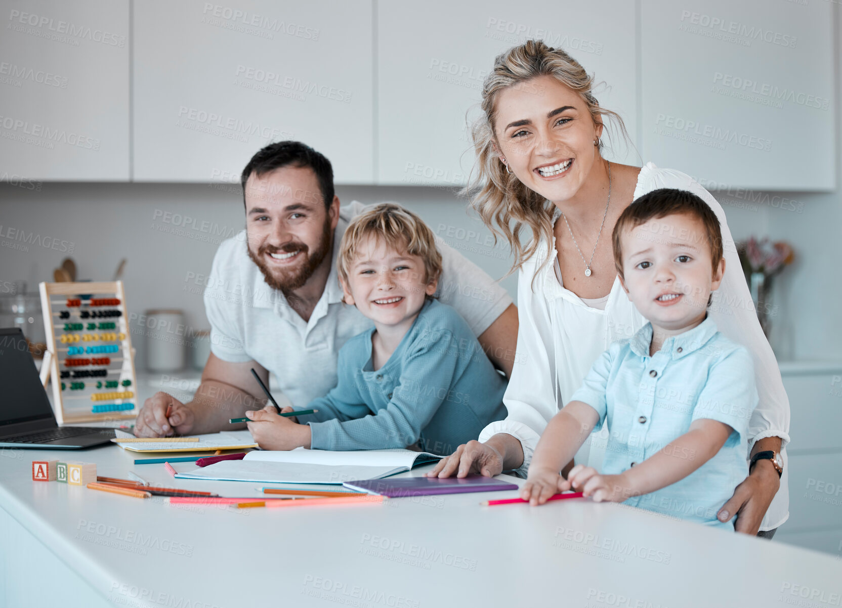 Buy stock photo Distance learning, portrait and study with family in kitchen of home together for child development. Education, growth or homework with mom, dad and boy children in apartment for remote schooling