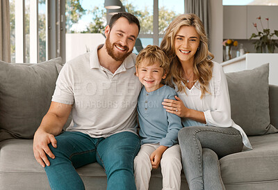 Buy stock photo Sofa portrait, mom and dad with son for love relationship, safety and bonding time in family home. Smile, mother and father with young boy on lounge couch for security, relax together and support