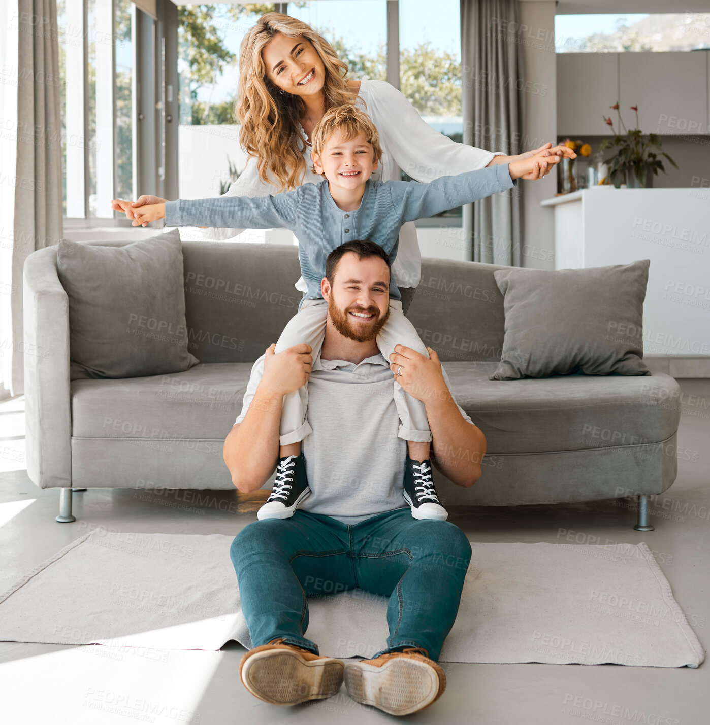 Buy stock photo Playing, airplane and portrait of family in home on living room floor for bonding together. Happy, love and boy child with mother and father for fun, fantasy or imagination at house in Australia.