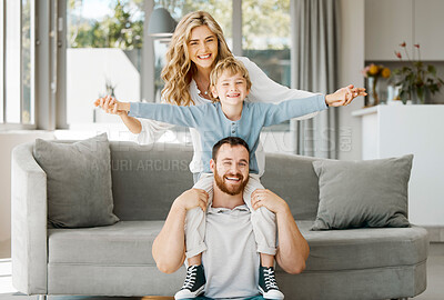 Buy stock photo Fun, airplane and portrait of family in home on living room floor for bonding together. Happy, love and boy child with mother and father for playing, fantasy or imagination at house in Australia.