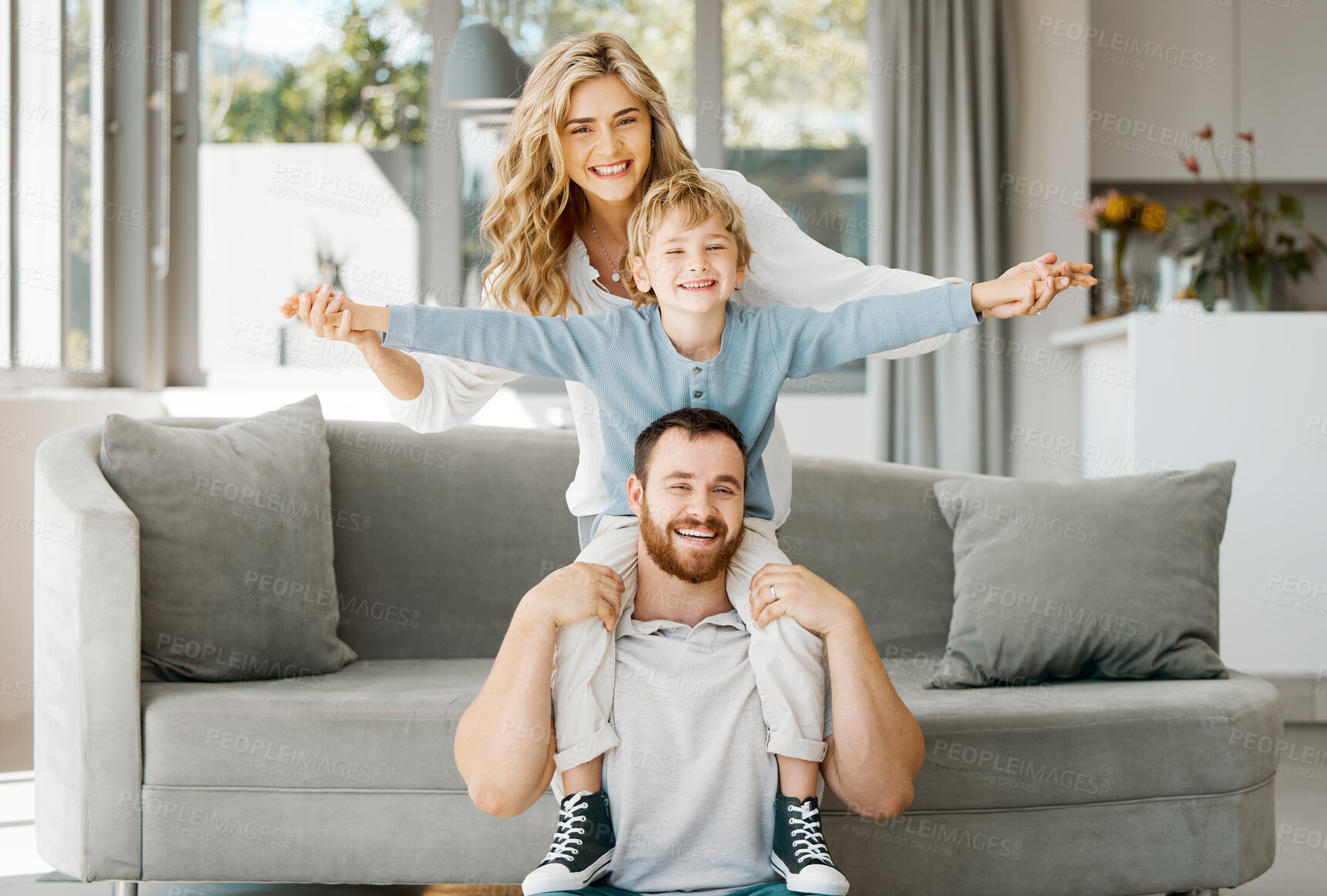 Buy stock photo Fun, airplane and portrait of family in home on living room floor for bonding together. Happy, love and boy child with mother and father for playing, fantasy or imagination at house in Australia.