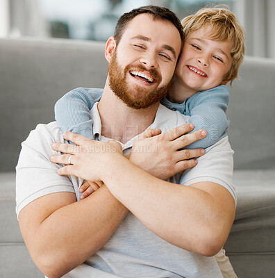 Buy stock photo Father, son and home with hug in portrait for family, friendly smile for bonding with support. Dad, kid and home with youth happiness for learning and development, trust or care with embrace