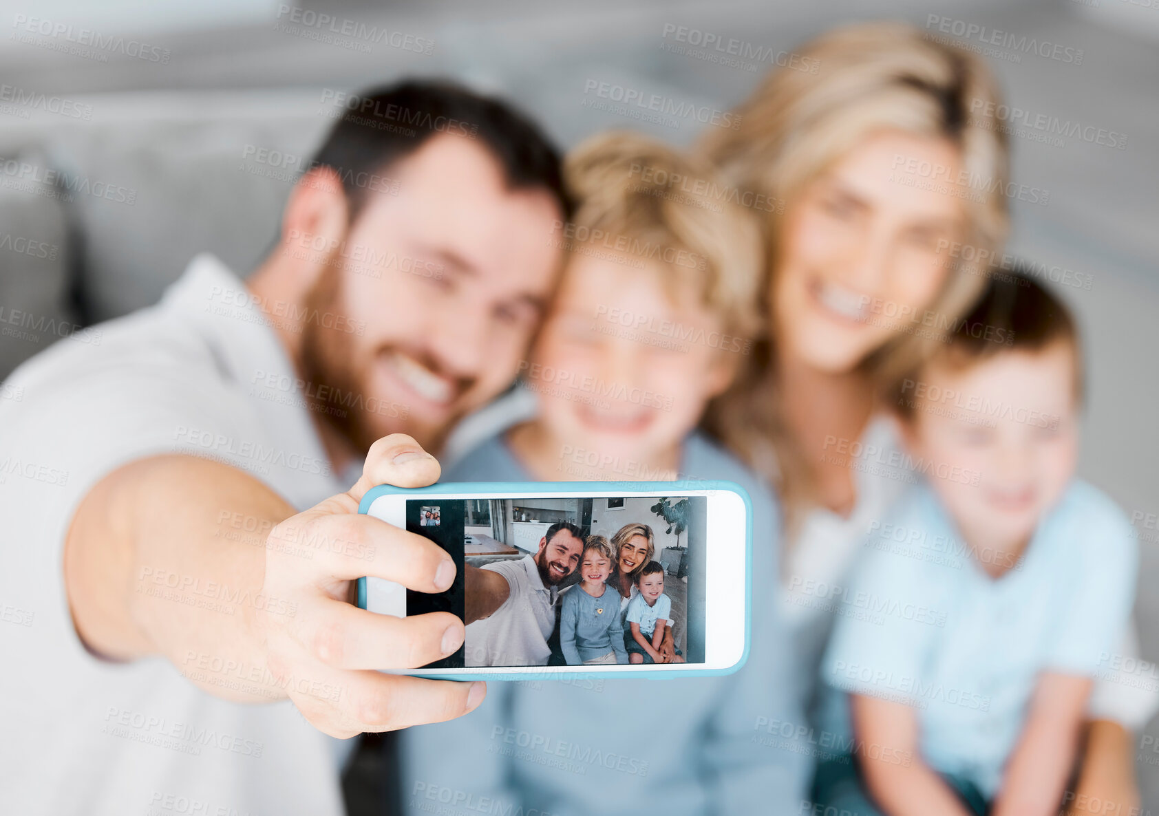 Buy stock photo Phone screen, selfie and family on sofa in home for relax, bonding and connection together. Happy, love and parents with cellphone for photography picture with children in living room at house.