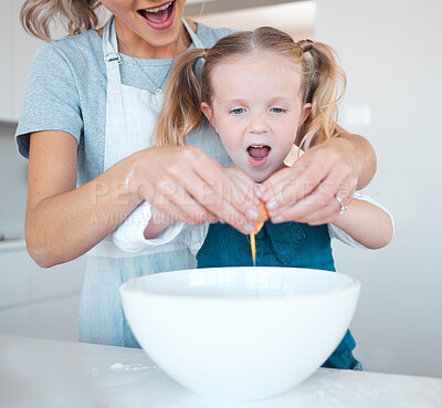 Buy stock photo Egg surprise, mother and girl baking, happy and wow preparing flour, food and ingredients in home. Mama, love and family fun or woman bonding with daughter, child development support and care