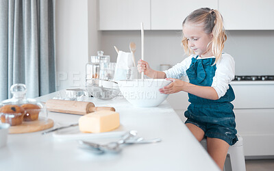 Buy stock photo Kitchen baking, mixing and kid learning cooking, happy and preparing butter, flour or food ingredients. Girl, smile and fun for childhood, development and home hobby for snacks and cupcakes or muffin