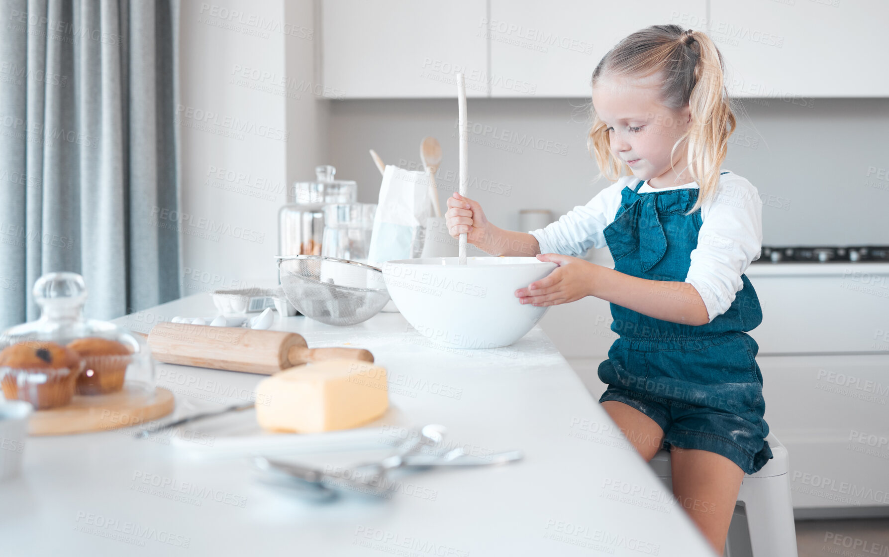 Buy stock photo Kitchen baking, mixing and kid learning cooking, happy and preparing butter, flour or food ingredients. Girl, smile and fun for childhood, development and home hobby for snacks and cupcakes or muffin