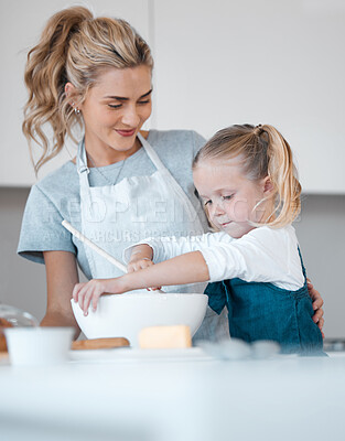 Buy stock photo Kitchen baking, mother and helping child cooking, happy and preparing butter, flour or food ingredients. Mama, love and family fun or woman bonding with daughter, kid development, support and home