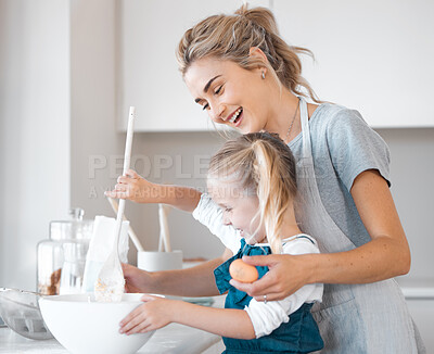 Buy stock photo Kitchen baking, woman and helping kid cooking, happy and preparing egg, flour or food ingredients. Mama, love and family fun or mother bonding with daughter, child development support and home