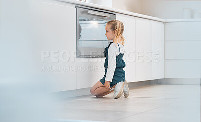 Buy stock photo Child, oven and waiting with cooking or baking food in kitchen at home with learning. Hungry, girl and youth development with recipe and culinary lesson with care, mockup and patience on floor