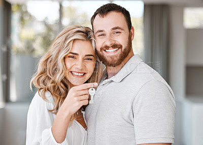 Buy stock photo Couple, happy and portrait with keys for real estate, moving and celebration in new house together. Man, woman and face in lounge with profile picture for property investment, rental or mortgage loan