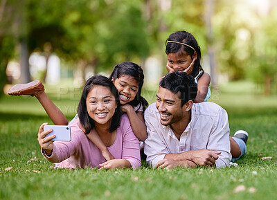 Buy stock photo Family, selfie and children in nature park, happiness and smile or bonding memory together with girls. Capture, photography and social media update with people, parents and relax with love or support