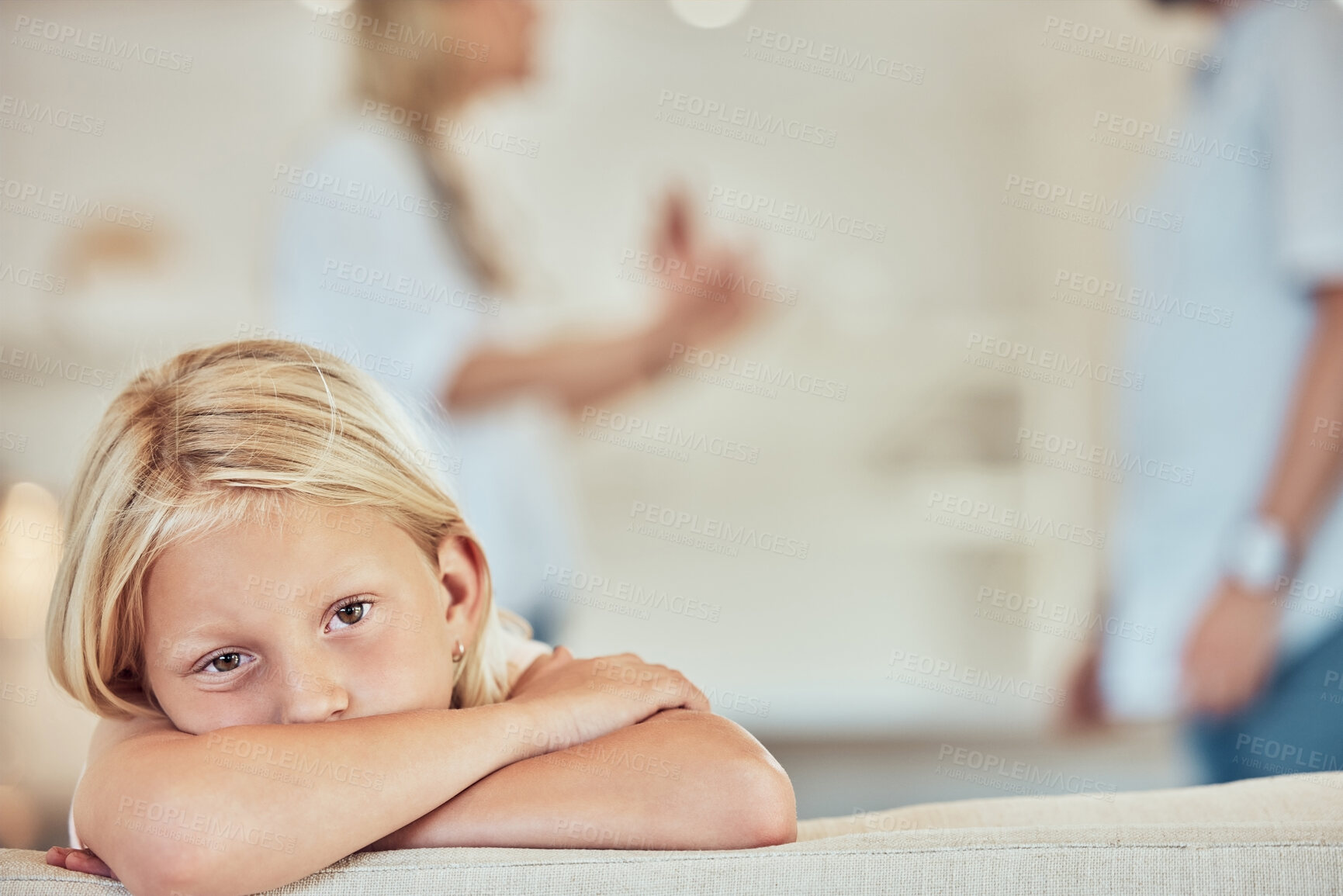 Buy stock photo Parents, fight and depressed girl in home with abuse, argument and portrait in lounge, angry and trauma. Living room, divorced and people with talk of full custody of kid, sofa and child support