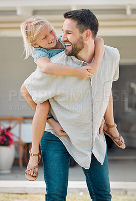 Buy stock photo Happy, father and piggyback little girl outdoor for love, bonding and playful interaction of support at house. Smile, man and child with hug for family activity in backyard for memory at home