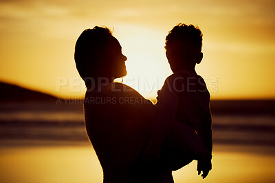 Buy stock photo Silhouette, mother and son with hug, beach and vacation with adventure, holiday and getaway trip. Sunset, seaside and single parent with boy, childhood and love with embrace, time together and travel