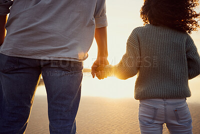 Buy stock photo Father, girl and holding hands by the beach with love, support and parent care by the sea. Sunset, kid back and security in nature with travel, youth and protection by ocean in Australia with trust