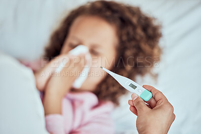 Buy stock photo Mom, sick daughter and blowing nose in home, virus and monitor temperature for allergies. Mother, girl and childcare for cold or flu in bedroom, thermometer tool and tissue for germ or sinus bacteria