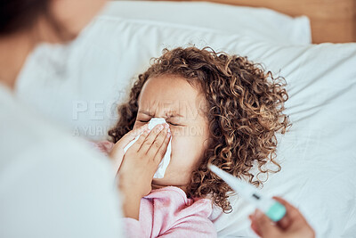 Buy stock photo Mom, sick girl and blowing nose in home, virus and monitor temperature for allergies. Mother, daughter and childcare for cold or flu in bedroom, thermometer and tissue for hayfever or sinus bacteria