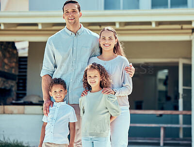 Buy stock photo Outdoor portrait, children and family smile for calm weekend, healthy relationship and support in home. Parents, happy kids and relax in backyard for bonding together, care and love with sunshine