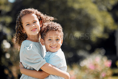 Buy stock photo Hug, love and portrait of sibling children outdoor in garden for safety, security or trust. Happy, kids or smile with brother and sister embracing in backyard of home for relationship or support