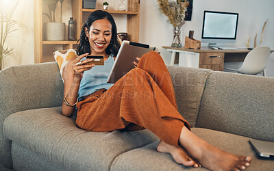 Buy stock photo Woman on sofa with tablet, credit card and online shopping of fintech payment on ecommerce at home. Happy female customer in apartment, bank app or sale on store website with digital internet banking