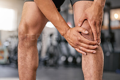 Buy stock photo Fitness, knee pain and hands of person with injury from workout, training and exercise accident in gym. Legs, closeup and athlete with bone inflammation, arthritis and muscle problem at health club