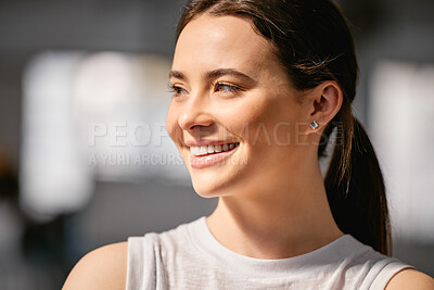 Buy stock photo Fitness, smile and woman with thinking at gym for healthy body, development and idea of workout. Happy, athlete and female person with planning for exercise, wellness and sports training at club