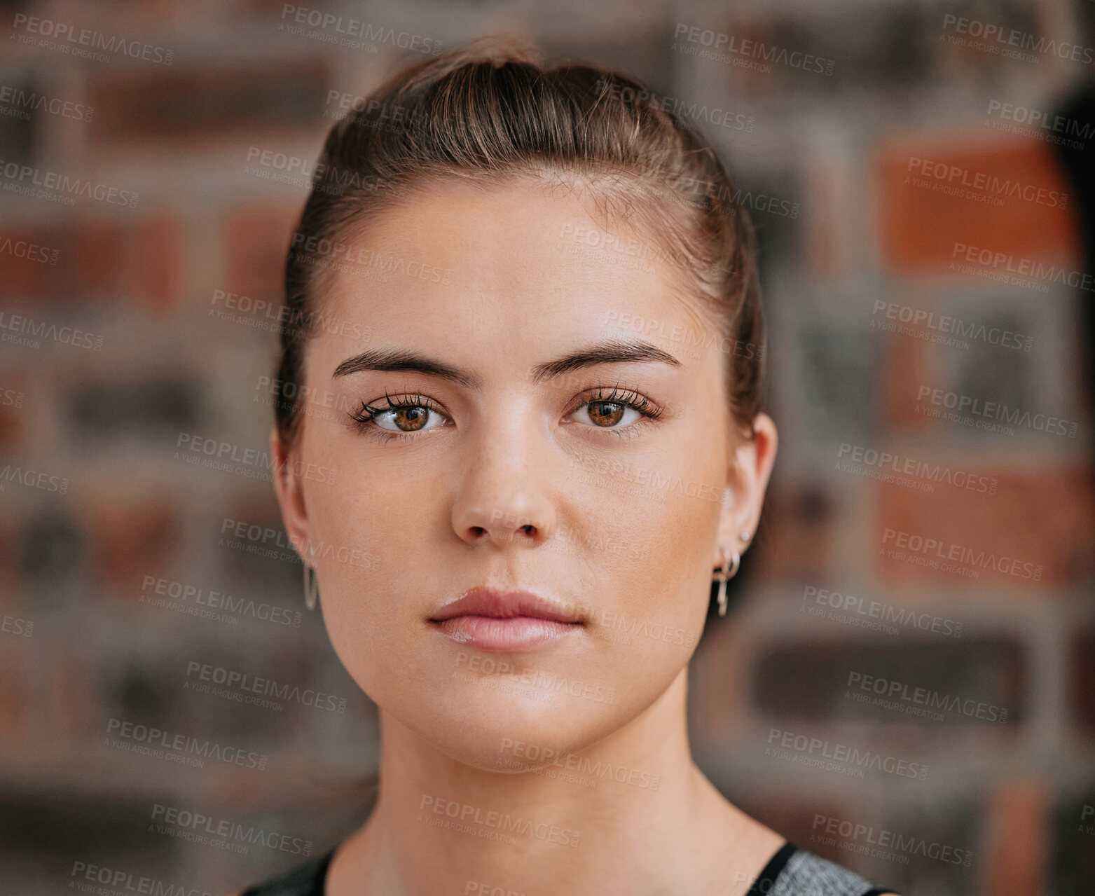 Buy stock photo Face, athlete and woman with confidence in gym, serious and ready for workout, fitness and training.  Health club, girl and routine of exercise in morning, ambition and preparing for competition