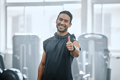 Buy stock photo Portrait, athlete and man with thumbs up in gym, confident and ready for workout, fitness and training. Health club, guy and routine of exercise in morning, ambition and preparing for competition