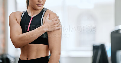 Buy stock photo Woman, hand and shoulder pain in gym for muscle strain, inflammation or fibromyalgia in fitness exercise. Sports injury, girl or hurt arm in accident with dislocated joint bruise, sprain or tension